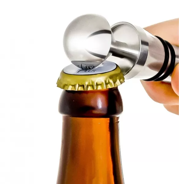Design Flaschenöffner für Kronkorken & Weinverschluss 2in1 mit Standfuß, aus hochwertigem Edelstahl